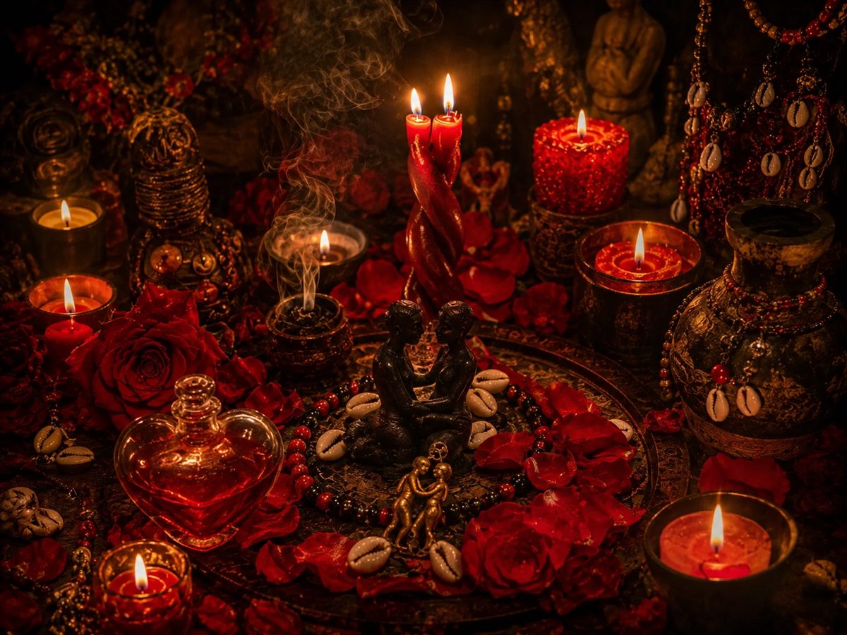Altare del ritorno affettivo: candele rosse, rose e ampolla a forma di cuore